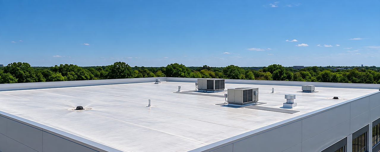 Techo blanco de TPO con unidades en el techo de un edificio comercial, árboles y cielo azul al fondo