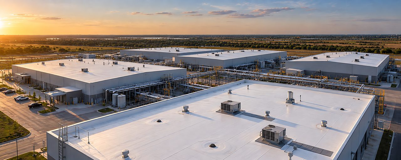 Vista aérea al atardecer de edificios industriales con techos blancos de TPO, unidades en el techo y tuberías
